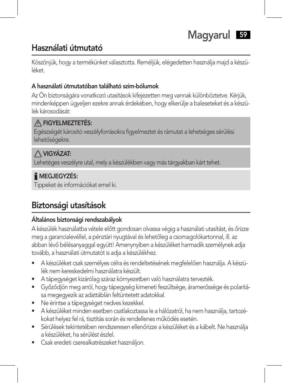 Magyarul, Használati útmutató, Biztonsági utasítások | AEG HR 5626 User Manual | Page 59 / 86