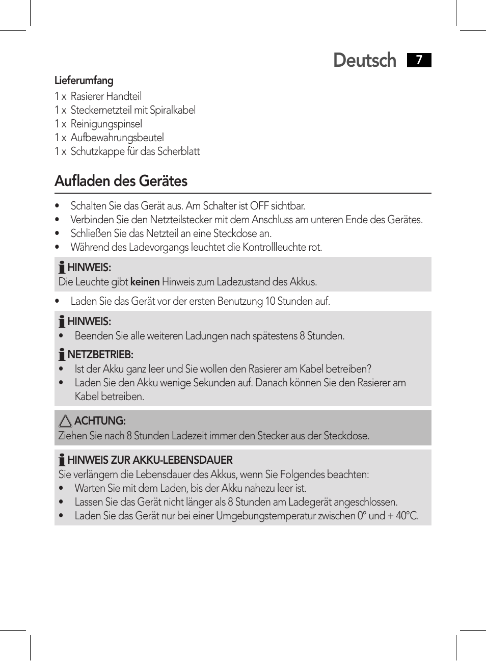 Deutsch, Aufladen des gerätes | AEG HR 5626 User Manual | Page 7 / 86