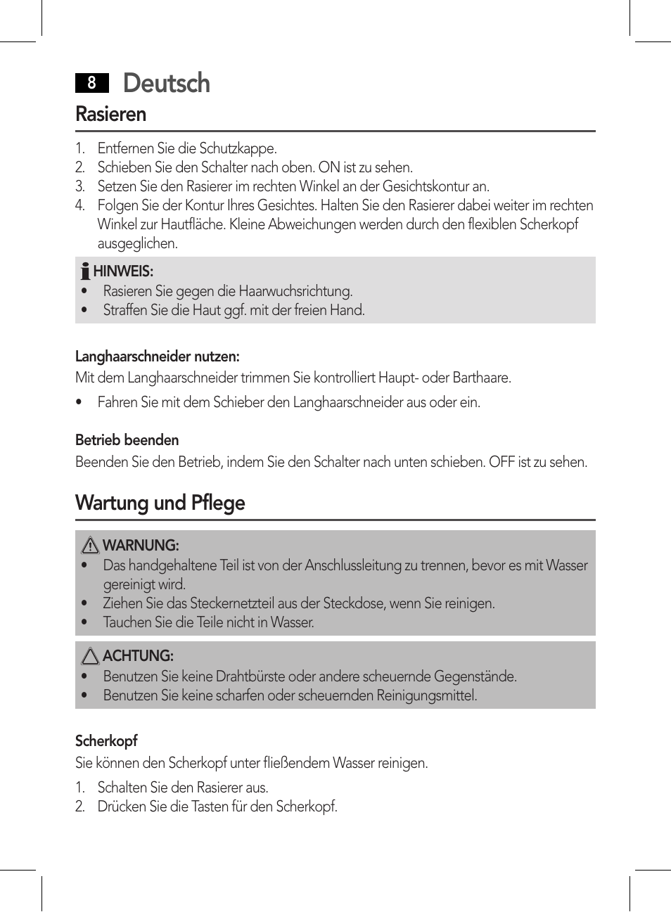 Deutsch, Rasieren, Wartung und pflege | AEG HR 5626 User Manual | Page 8 / 86