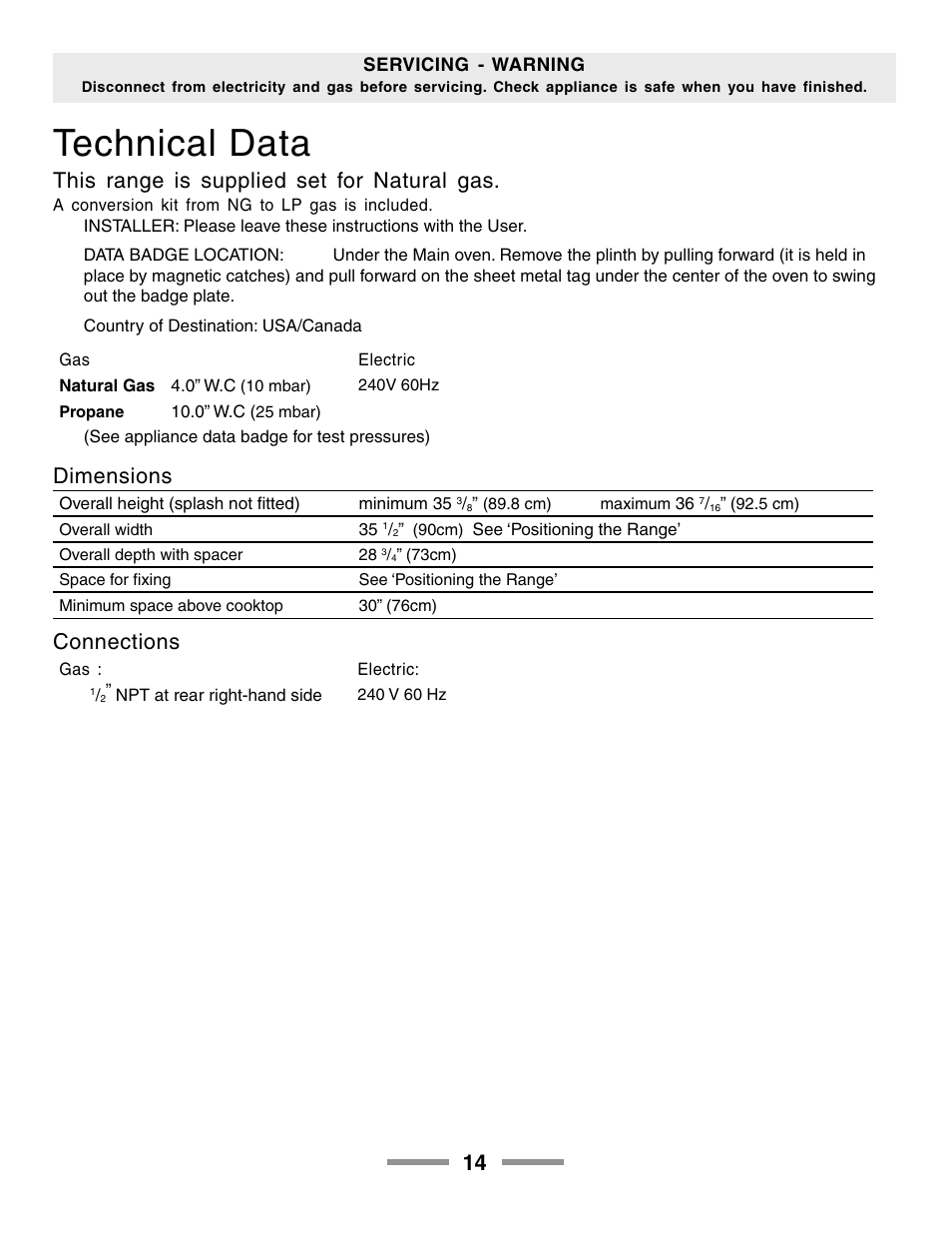 Technical data, This range is supplied set for natural gas, Dimensions | Connections | Aga Ranges LEGACY 36 F104650-01 User Manual | Page 14 / 16