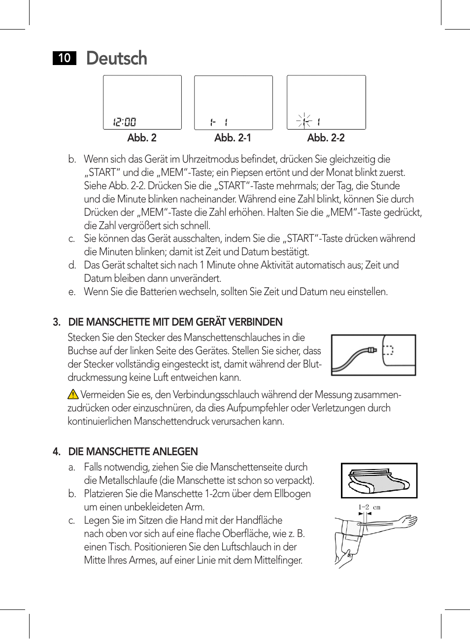 Uhr- und datumseinstellung, Die manschette mit dem gerät verbinden, Deutsch | AEG BMG 5611 User Manual | Page 10 / 170