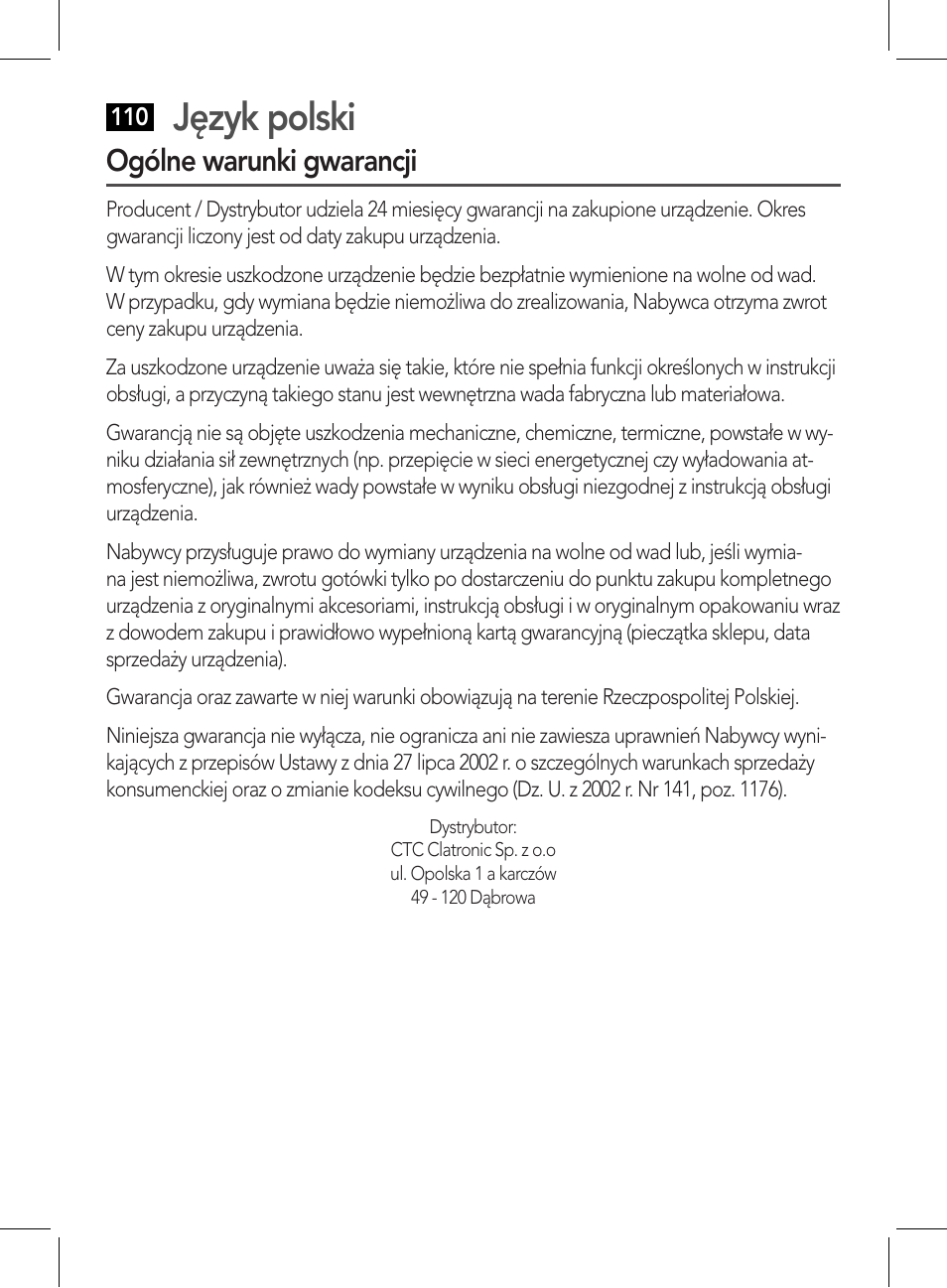 Ogólne warunki gwarancji, Język polski | AEG BMG 5611 User Manual | Page 110 / 170