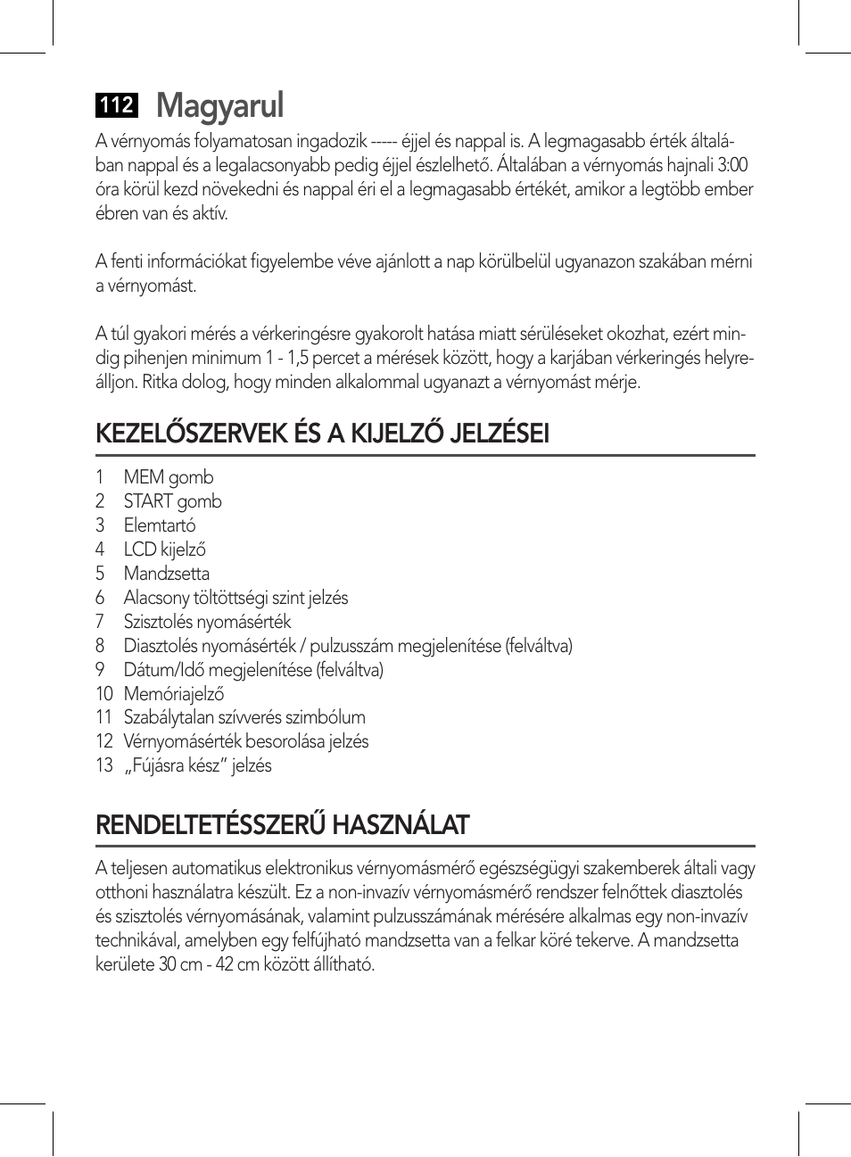 Magyarul, Kezelőszervek és a kijelző jelzései, Rendeltetésszerű használat | AEG BMG 5611 User Manual | Page 112 / 170