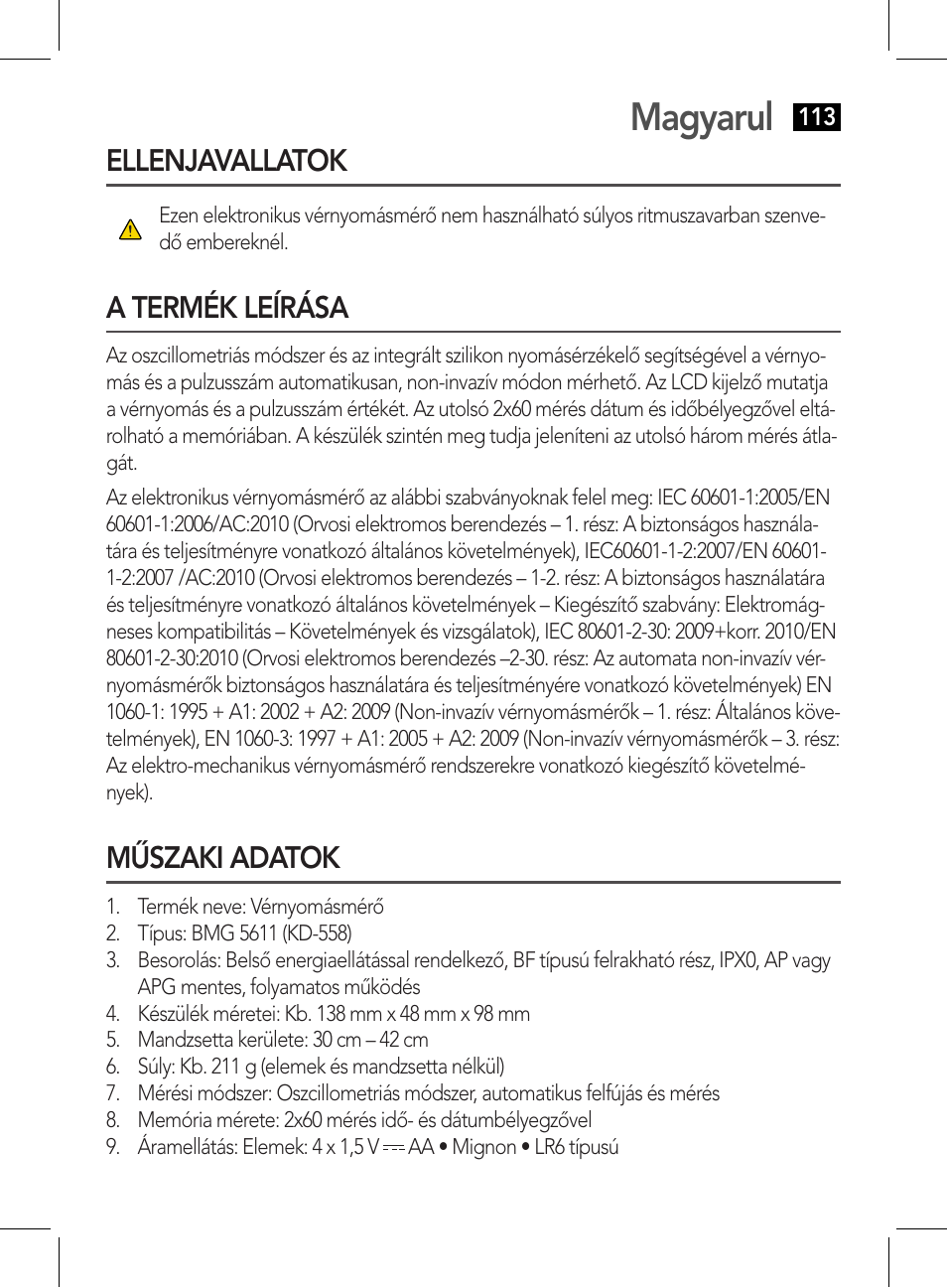Ellenjavallatok a termék leírása műszaki adatok, Magyarul, Ellenjavallatok | A termék leírása, Műszaki adatok | AEG BMG 5611 User Manual | Page 113 / 170
