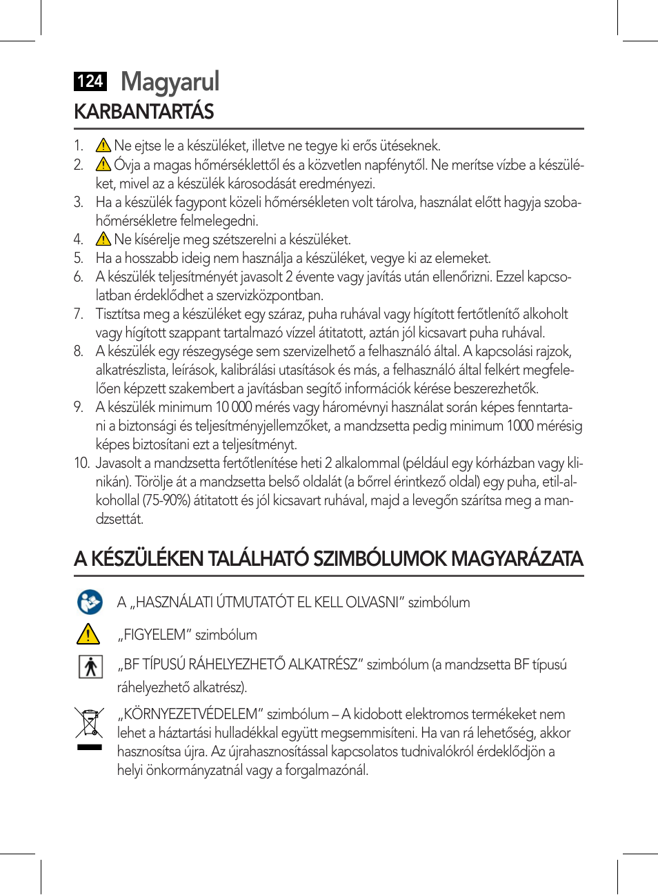 Magyarul, Karbantartás, A készüléken található szimbólumok magyarázata | AEG BMG 5611 User Manual | Page 124 / 170