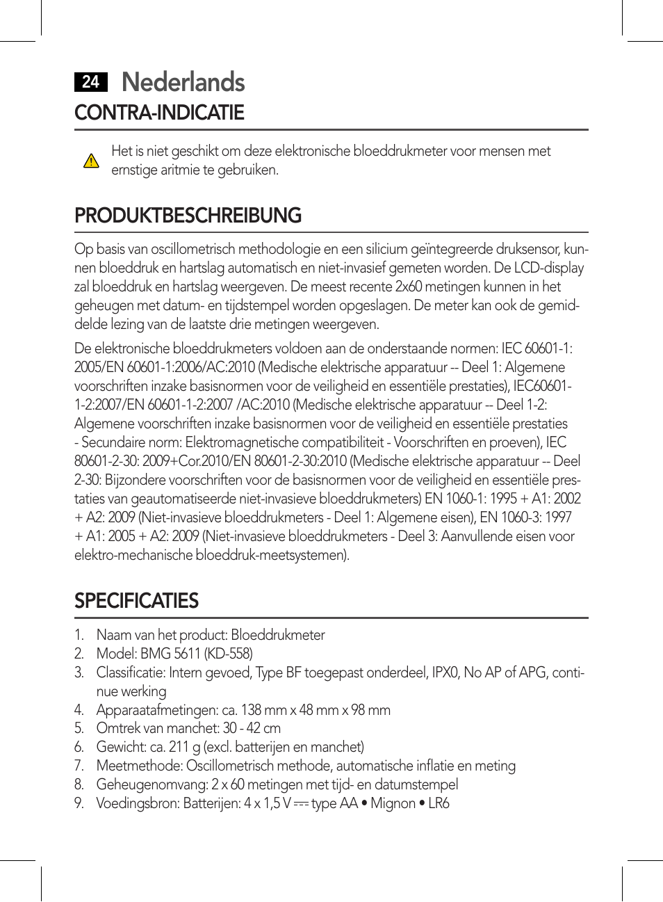 Contra-indicatie produktbeschreibung specificaties, Nederlands, Contra-indicatie | Produktbeschreibung, Specificaties | AEG BMG 5611 User Manual | Page 24 / 170