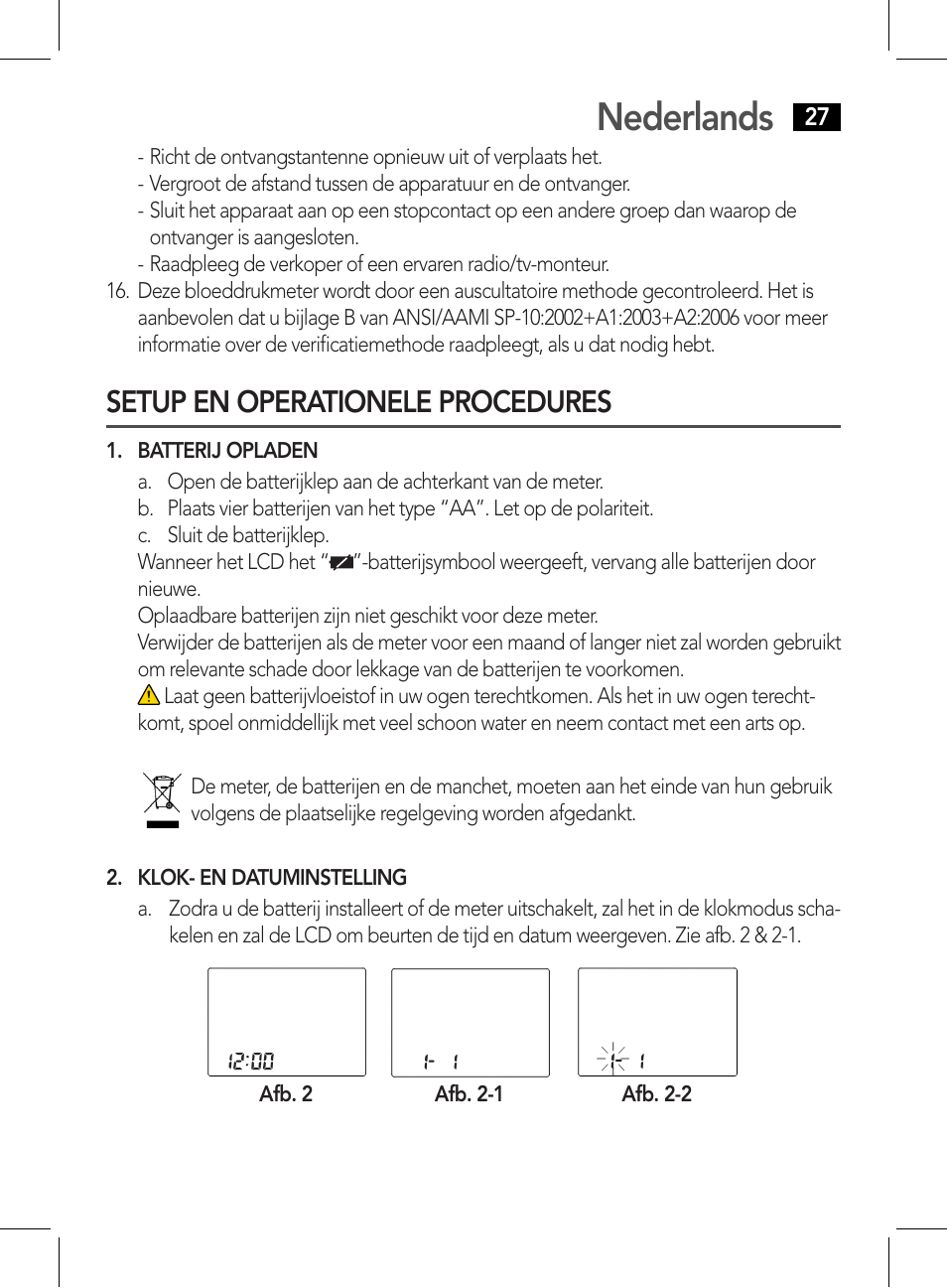 Nederlands, Setup en operationele procedures | AEG BMG 5611 User Manual | Page 27 / 170