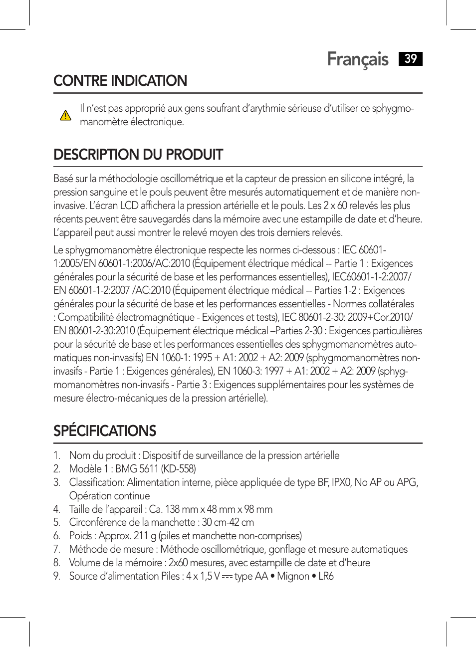 Français, Contre indication, Description du produit | Spécifications | AEG BMG 5611 User Manual | Page 39 / 170