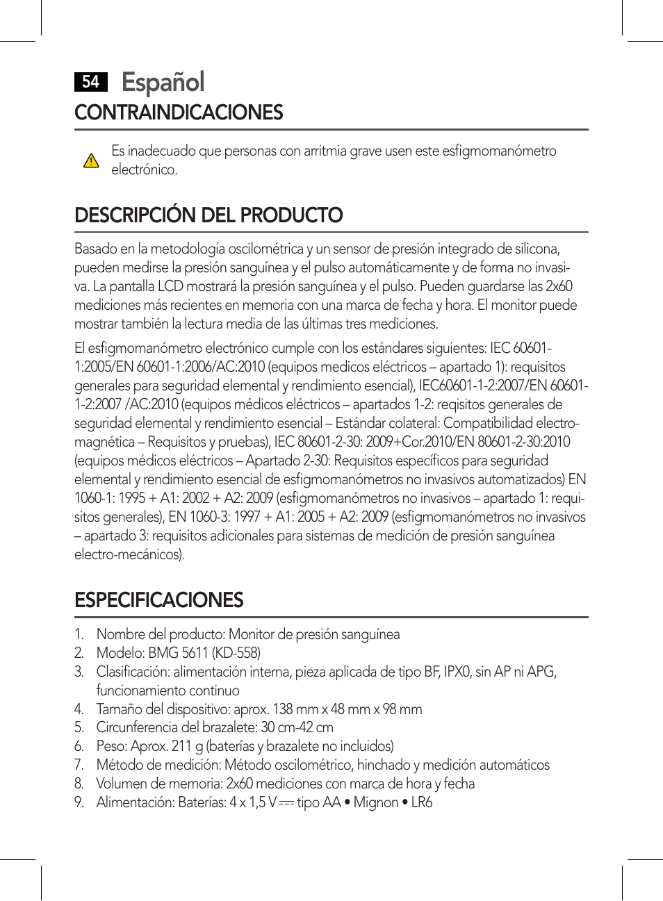 Español, Contraindicaciones, Descripción del producto | Especificaciones | AEG BMG 5611 User Manual | Page 54 / 170