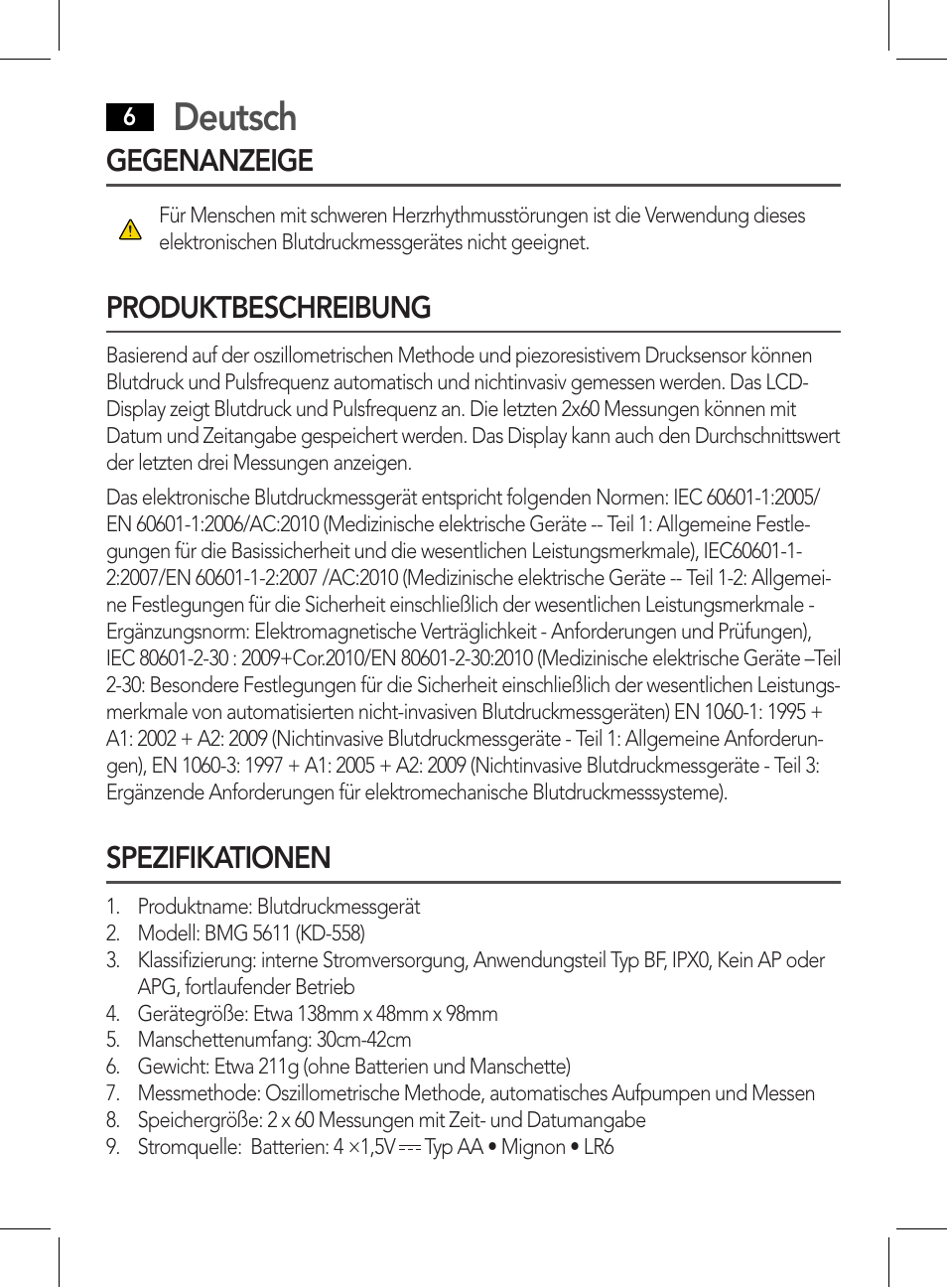 Gegenanzeige produktbeschreibung spezifikationen, Deutsch, Gegenanzeige | Produktbeschreibung, Spezifikationen | AEG BMG 5611 User Manual | Page 6 / 170
