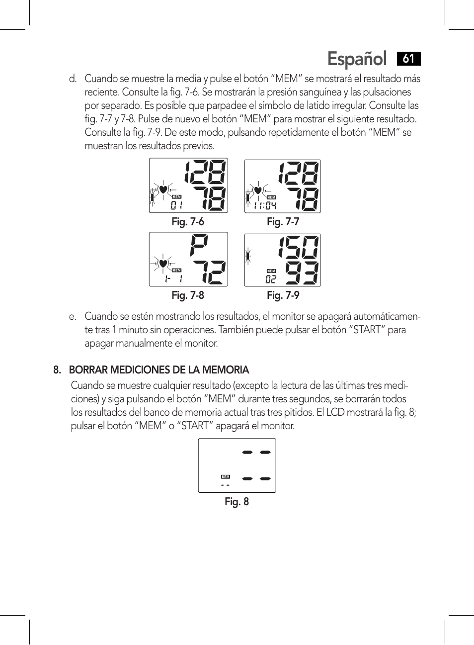Borrar mediciones de la memoria, Español | AEG BMG 5611 User Manual | Page 61 / 170