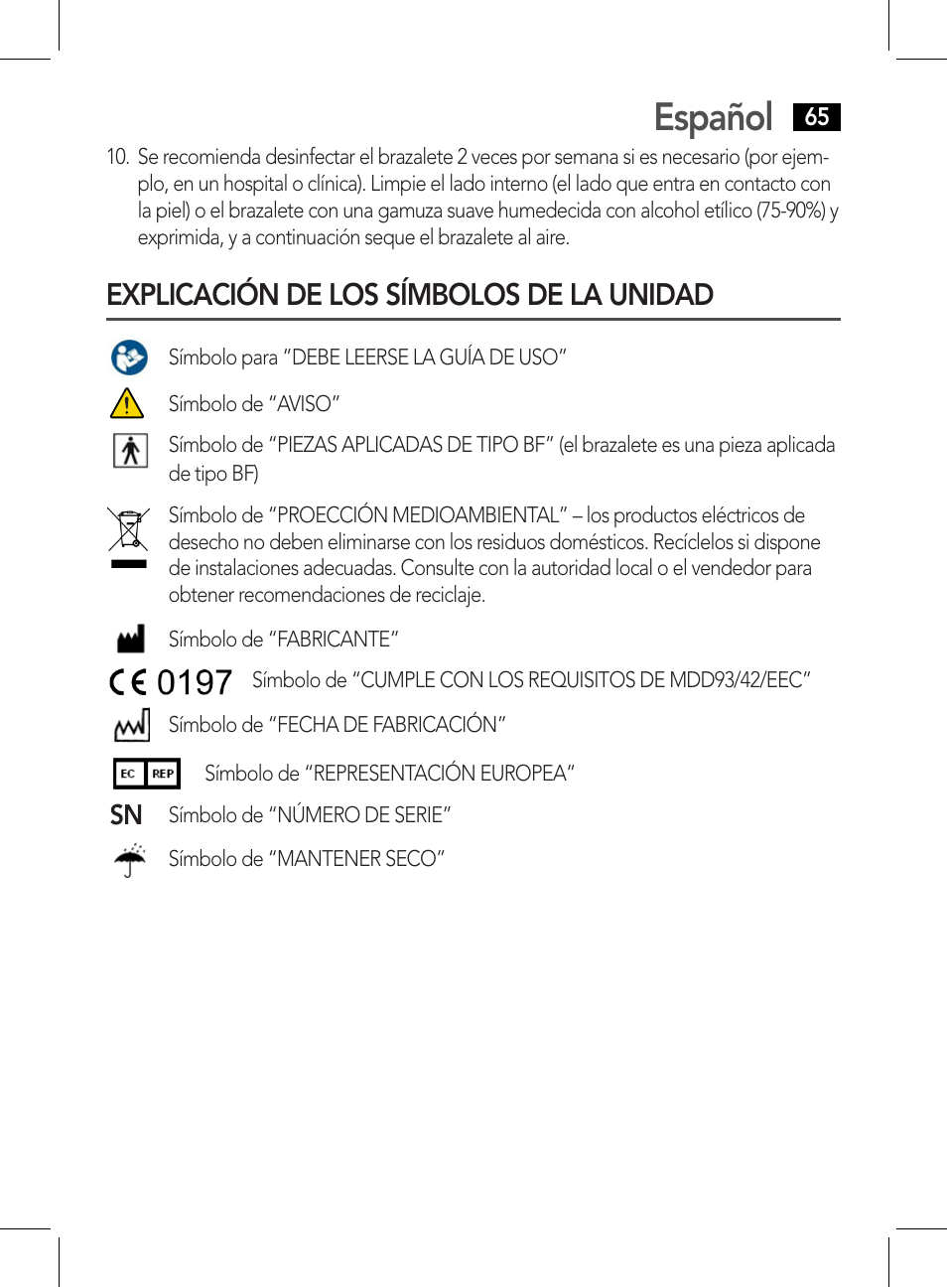 Explicación de los símbolos de la unidad, Español | AEG BMG 5611 User Manual | Page 65 / 170