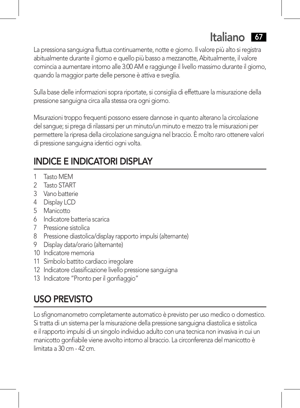 Indice e indicatori display uso previsto, Italiano, Indice e indicatori display | Uso previsto | AEG BMG 5611 User Manual | Page 67 / 170