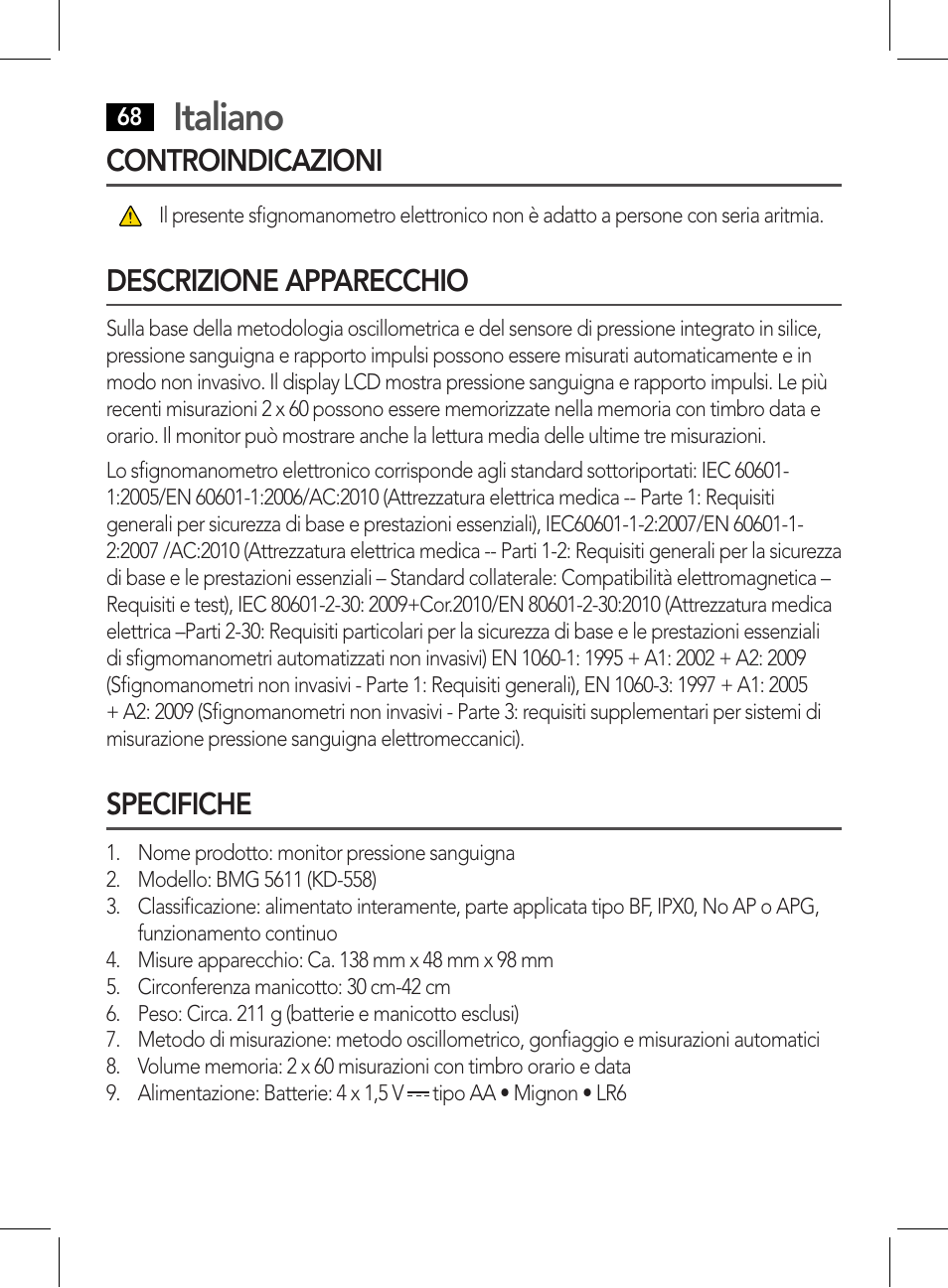 Italiano, Controindicazioni, Descrizione apparecchio | Specifiche | AEG BMG 5611 User Manual | Page 68 / 170