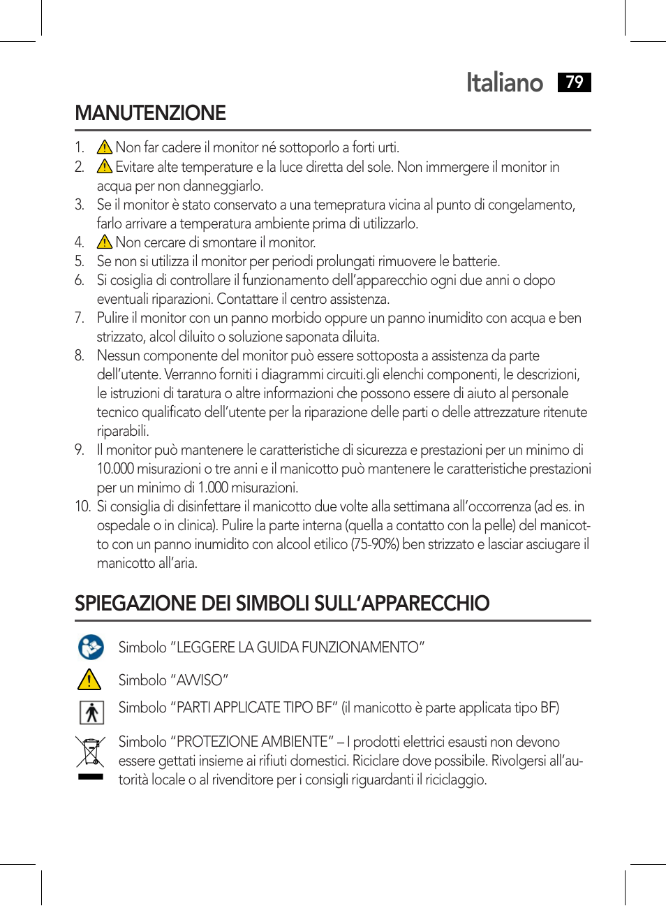 Italiano, Manutenzione, Spiegazione dei simboli sull‘apparecchio | AEG BMG 5611 User Manual | Page 79 / 170