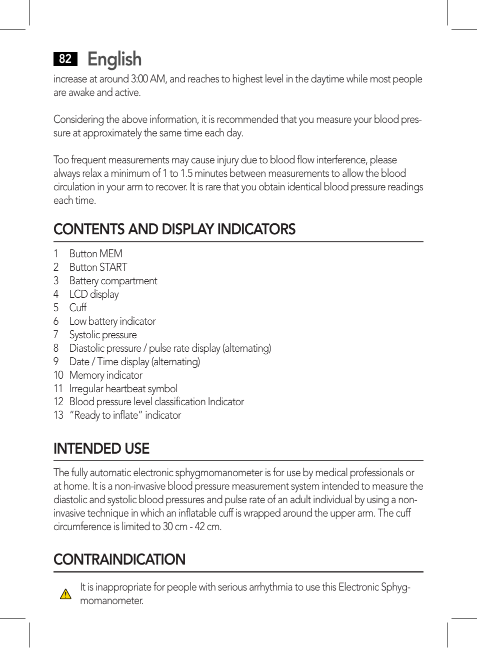 English, Contents and display indicators, Intended use | Contraindication | AEG BMG 5611 User Manual | Page 82 / 170