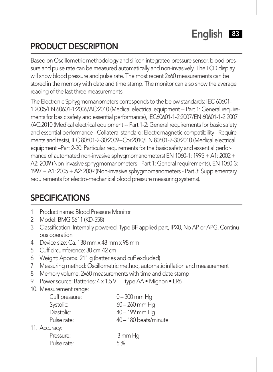 Product description specifications, English, Product description | Specifications | AEG BMG 5611 User Manual | Page 83 / 170