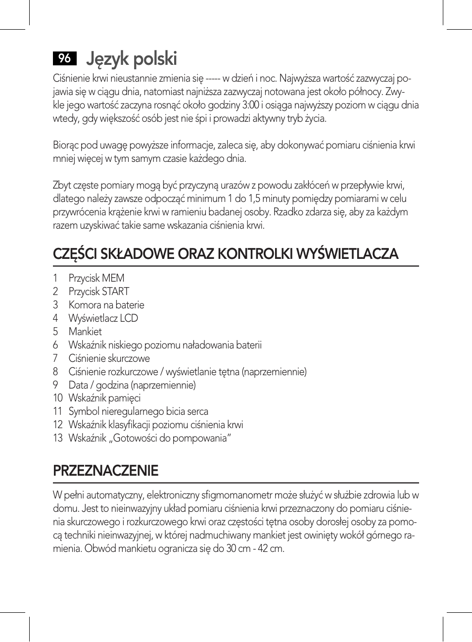 Język polski, Części składowe oraz kontrolki wyświetlacza, Przeznaczenie | AEG BMG 5611 User Manual | Page 96 / 170