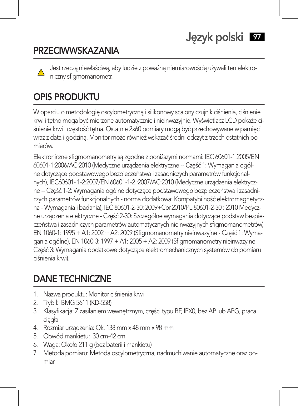 Przeciwwskazania opis produktu dane techniczne, Język polski, Przeciwwskazania | Opis produktu, Dane techniczne | AEG BMG 5611 User Manual | Page 97 / 170