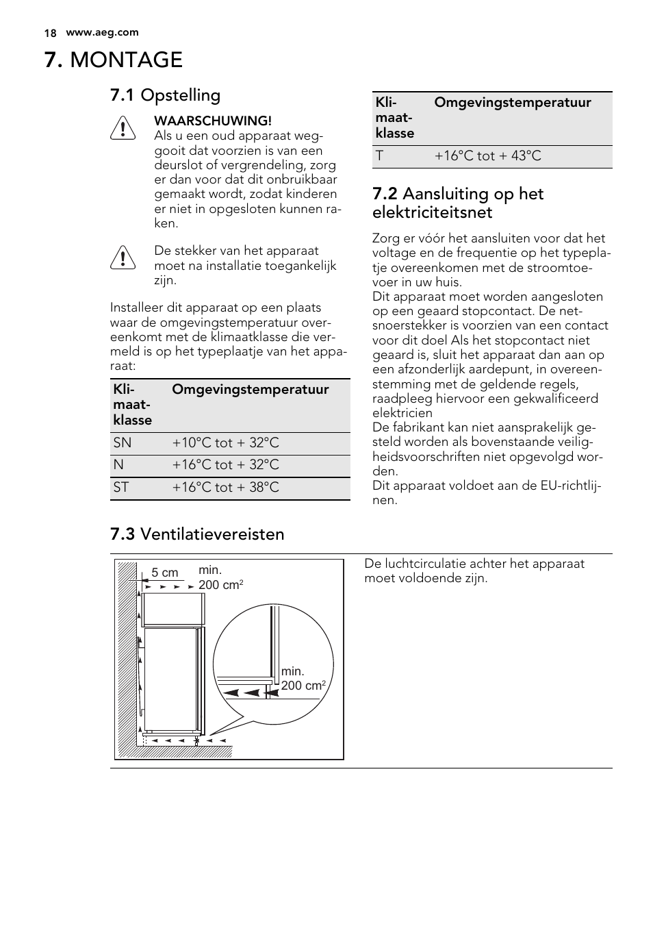 Montage, 1 opstelling, 2 aansluiting op het elektriciteitsnet | 3 ventilatievereisten | AEG SKZ81200F0 User Manual | Page 18 / 84