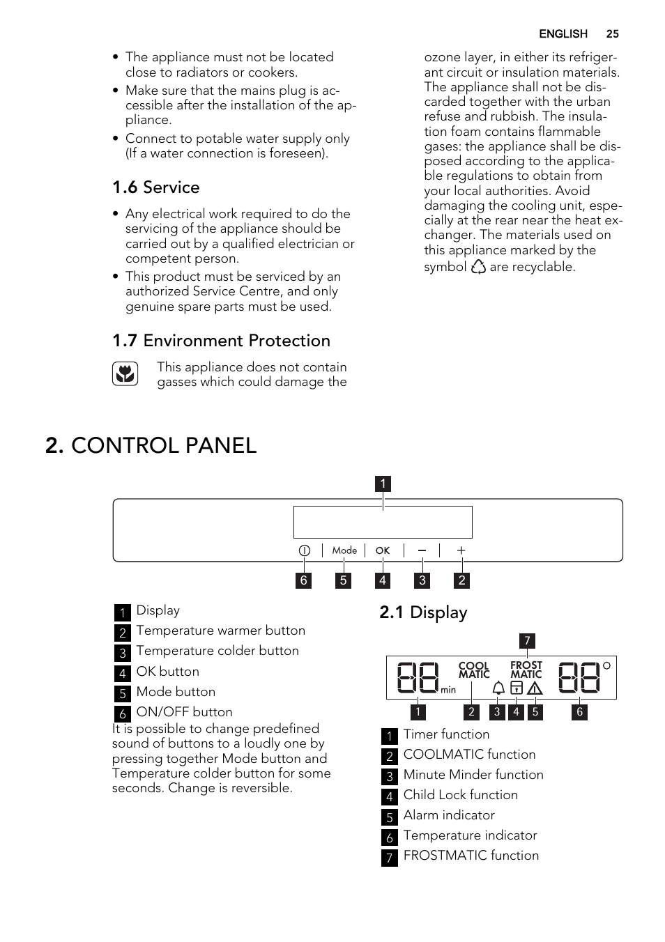 Control panel, 6 service, 7 environment protection | 1 display | AEG SKZ81200F0 User Manual | Page 25 / 84