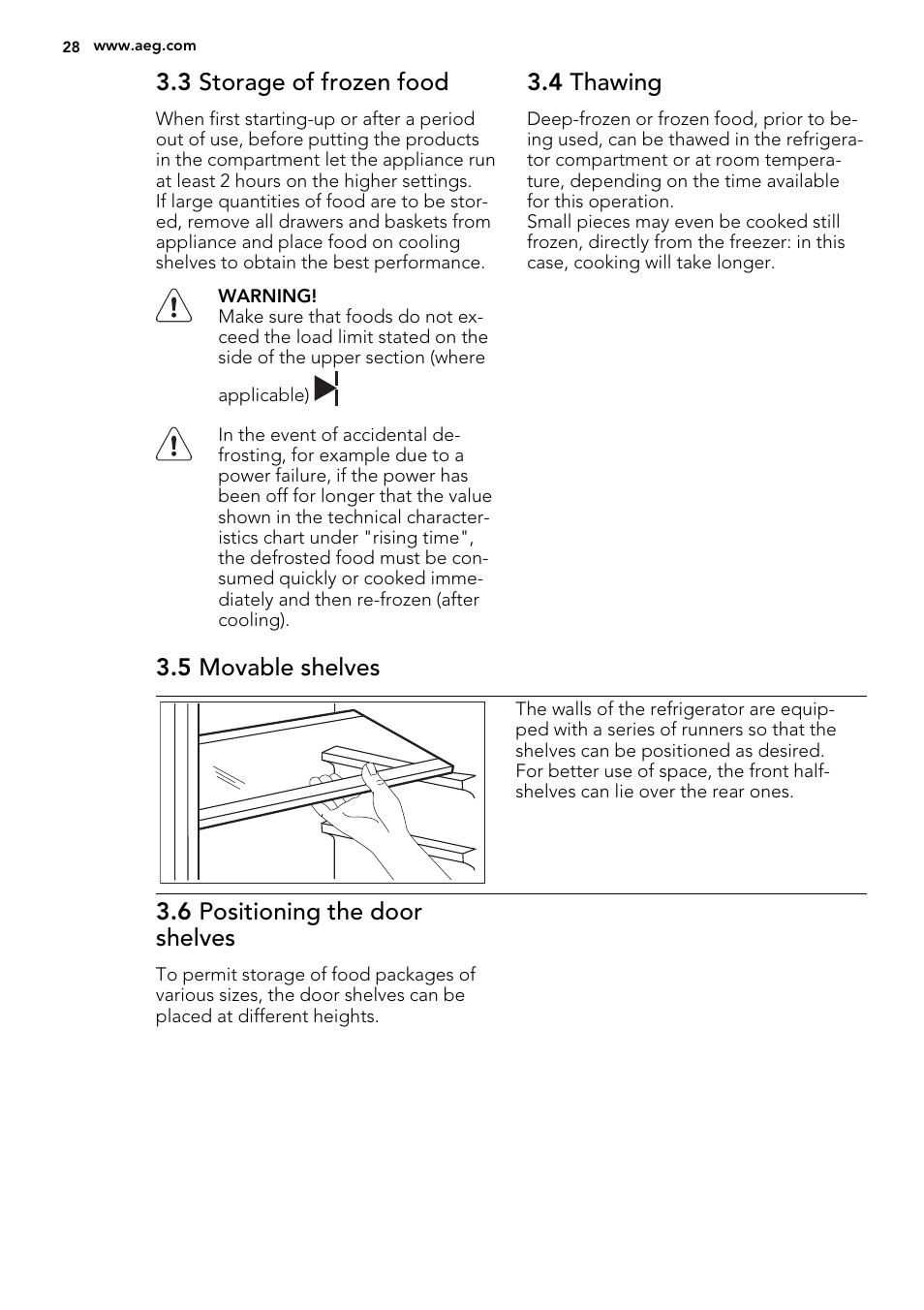 3 storage of frozen food, 4 thawing, 5 movable shelves | 6 positioning the door shelves | AEG SKZ81200F0 User Manual | Page 28 / 84