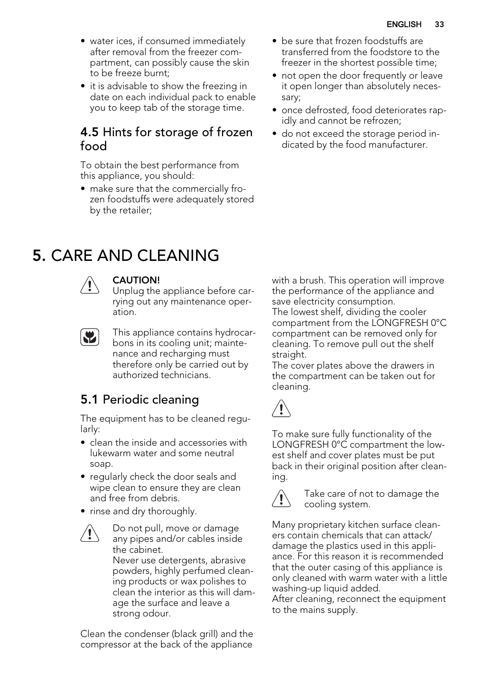 Care and cleaning, 5 hints for storage of frozen food, 1 periodic cleaning | AEG SKZ81200F0 User Manual | Page 33 / 84