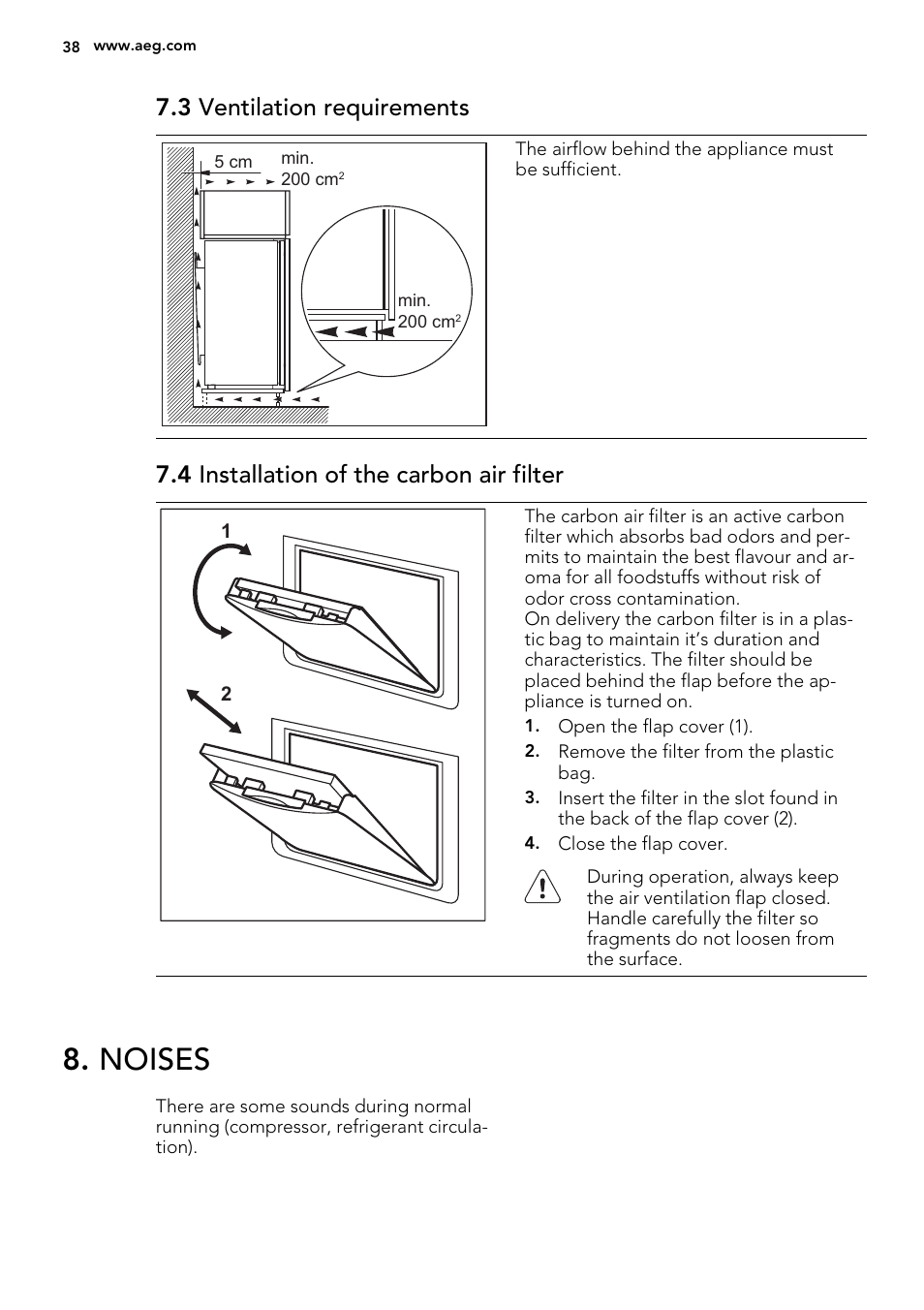 Noises, 3 ventilation requirements, 4 installation of the carbon air filter | AEG SKZ81200F0 User Manual | Page 38 / 84