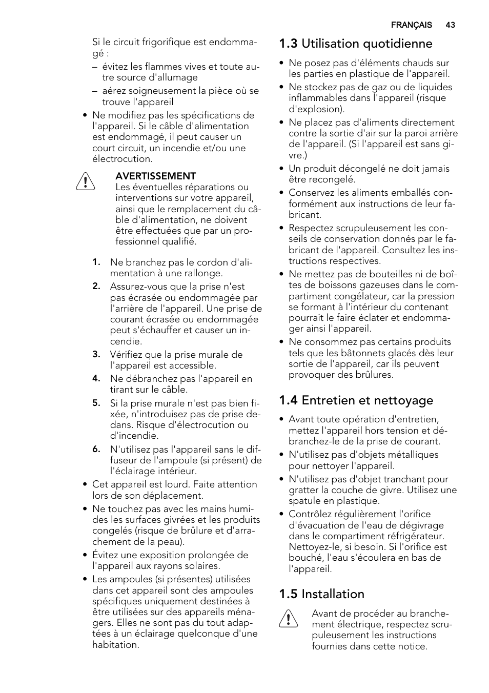 3 utilisation quotidienne, 4 entretien et nettoyage, 5 installation | AEG SKZ81200F0 User Manual | Page 43 / 84