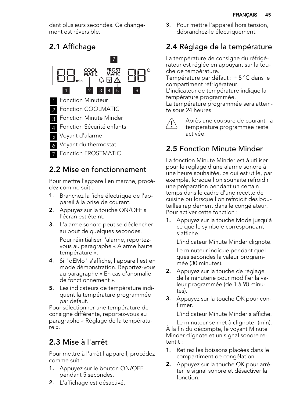 1 affichage, 2 mise en fonctionnement, 3 mise à l'arrêt | 4 réglage de la température, 5 fonction minute minder | AEG SKZ81200F0 User Manual | Page 45 / 84