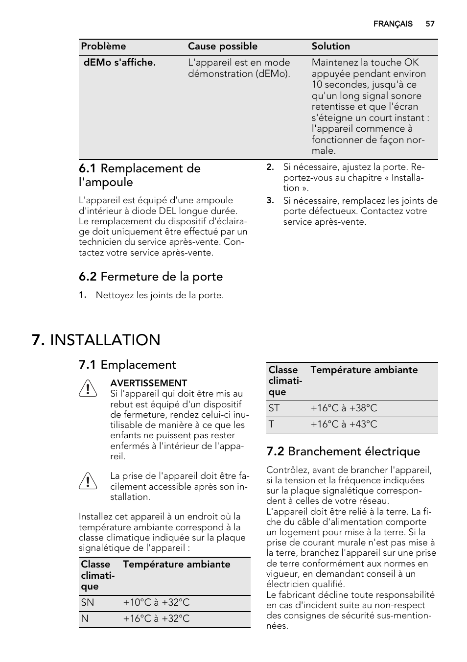 Installation, 1 remplacement de l'ampoule, 2 fermeture de la porte | 1 emplacement, 2 branchement électrique | AEG SKZ81200F0 User Manual | Page 57 / 84