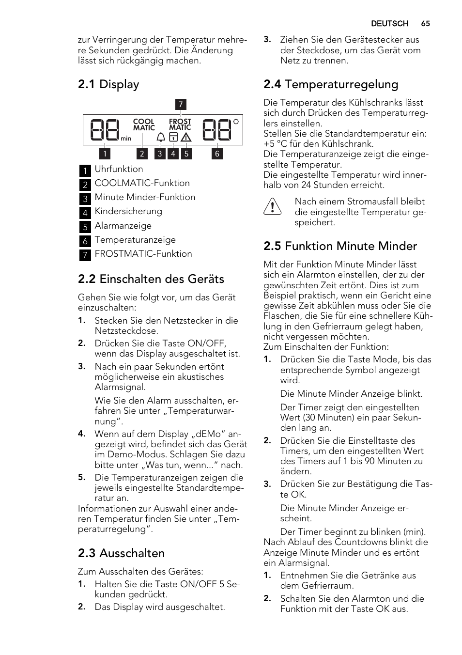 1 display, 2 einschalten des geräts, 3 ausschalten | 4 temperaturregelung, 5 funktion minute minder | AEG SKZ81200F0 User Manual | Page 65 / 84