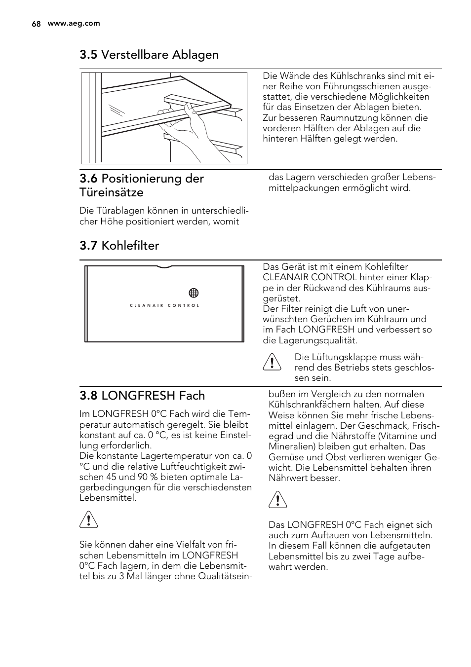 5 verstellbare ablagen, 6 positionierung der türeinsätze, 7 kohlefilter | 8 longfresh fach | AEG SKZ81200F0 User Manual | Page 68 / 84