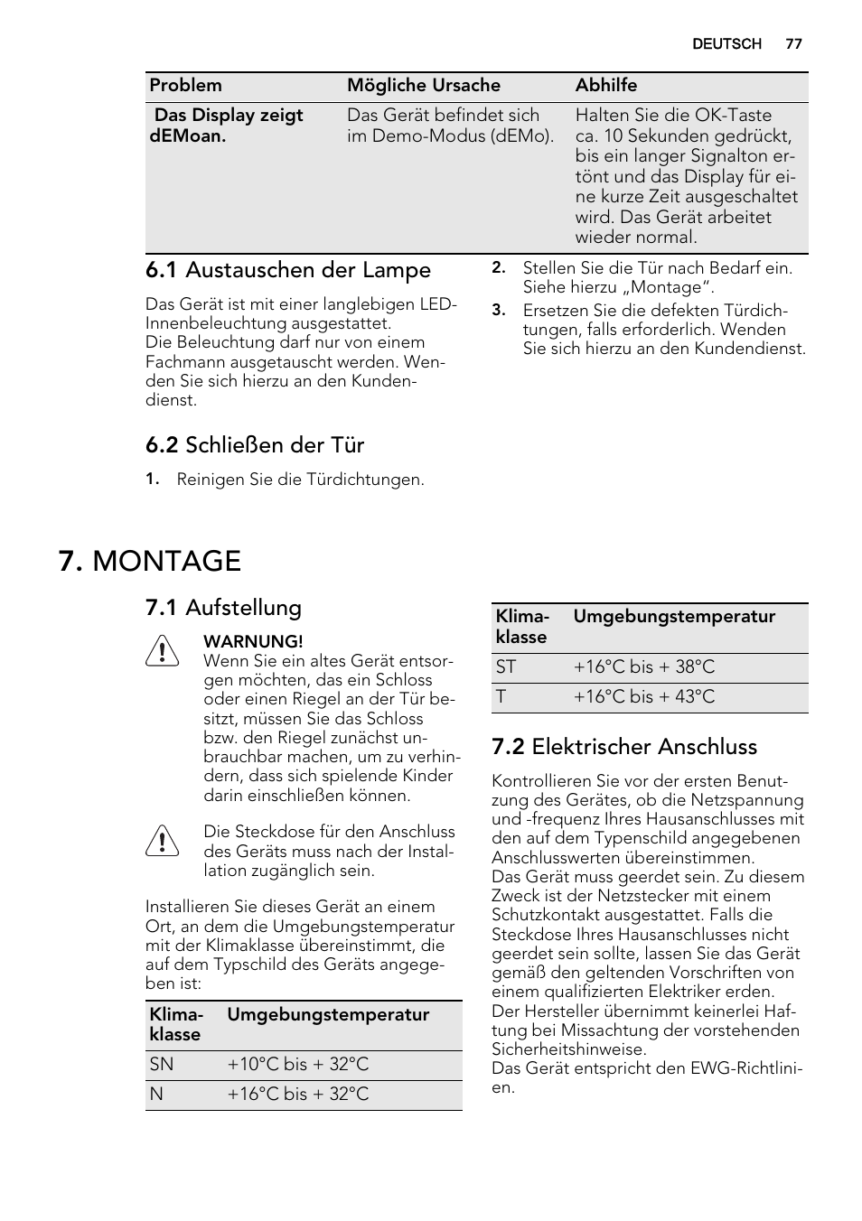 Montage, 1 austauschen der lampe, 2 schließen der tür | 1 aufstellung, 2 elektrischer anschluss | AEG SKZ81200F0 User Manual | Page 77 / 84