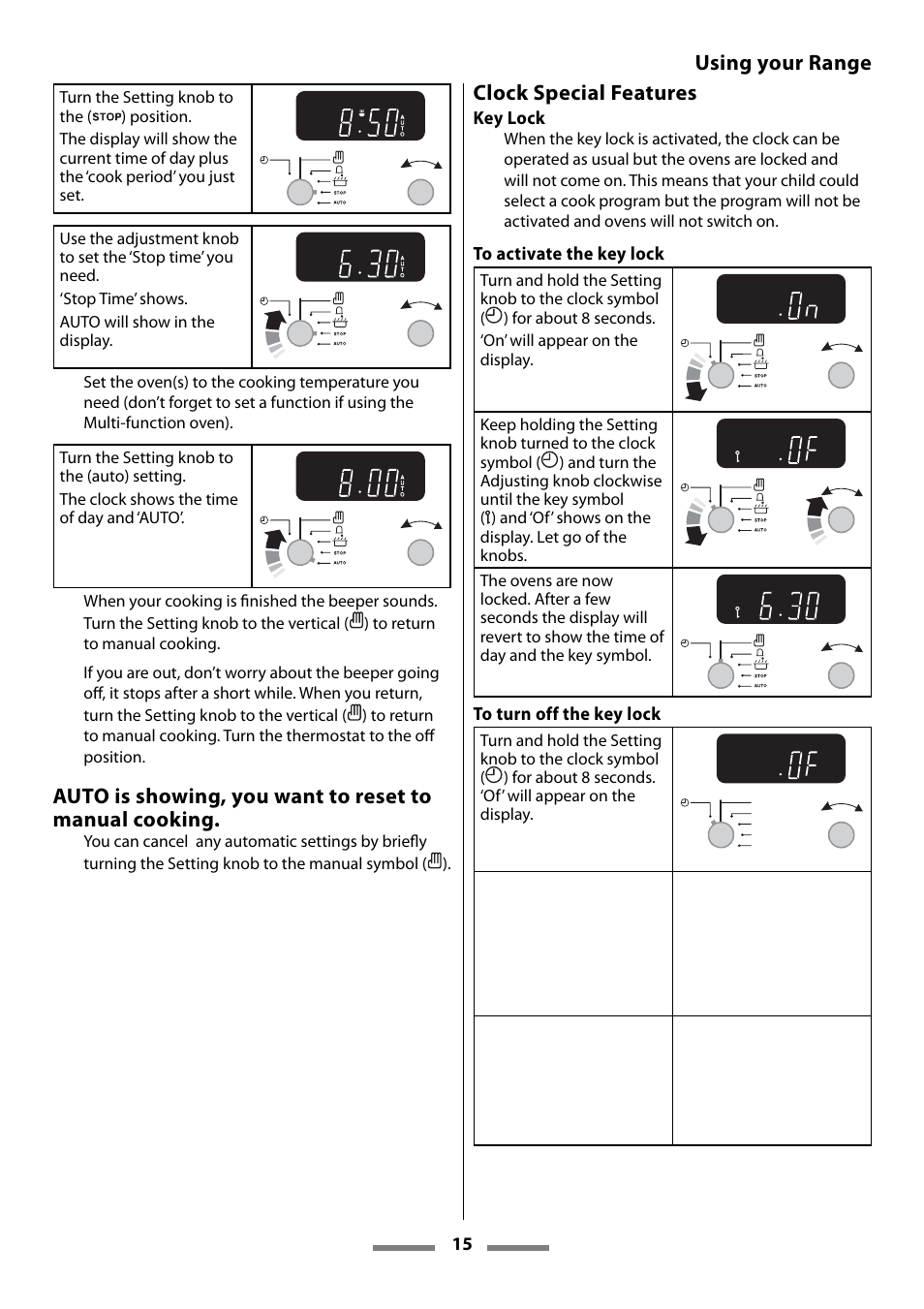 Using your range, Clock special features | Aga Ranges U107501-01 User Manual | Page 15 / 48