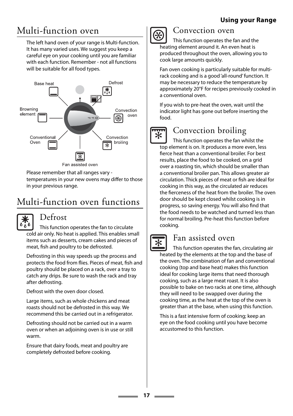 Multi-function oven, Multi-function oven functions | Aga Ranges U107501-01 User Manual | Page 17 / 48