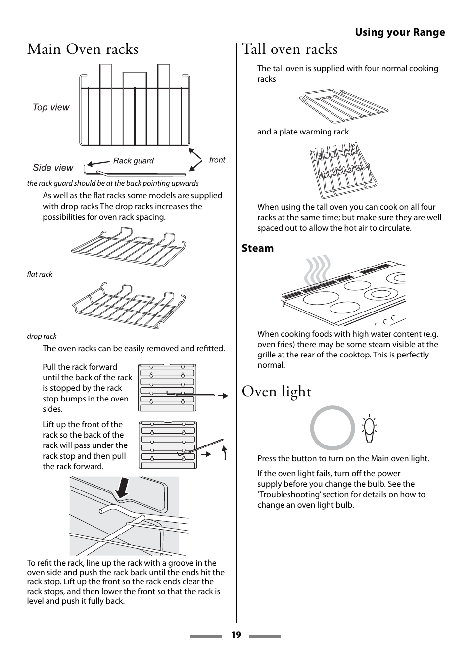 Main oven racks, Tall oven racks, Oven light | Using your range, Steam | Aga Ranges U107501-01 User Manual | Page 19 / 48