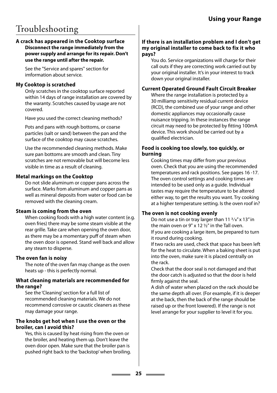 Troubleshooting, Using your range | Aga Ranges U107501-01 User Manual | Page 25 / 48