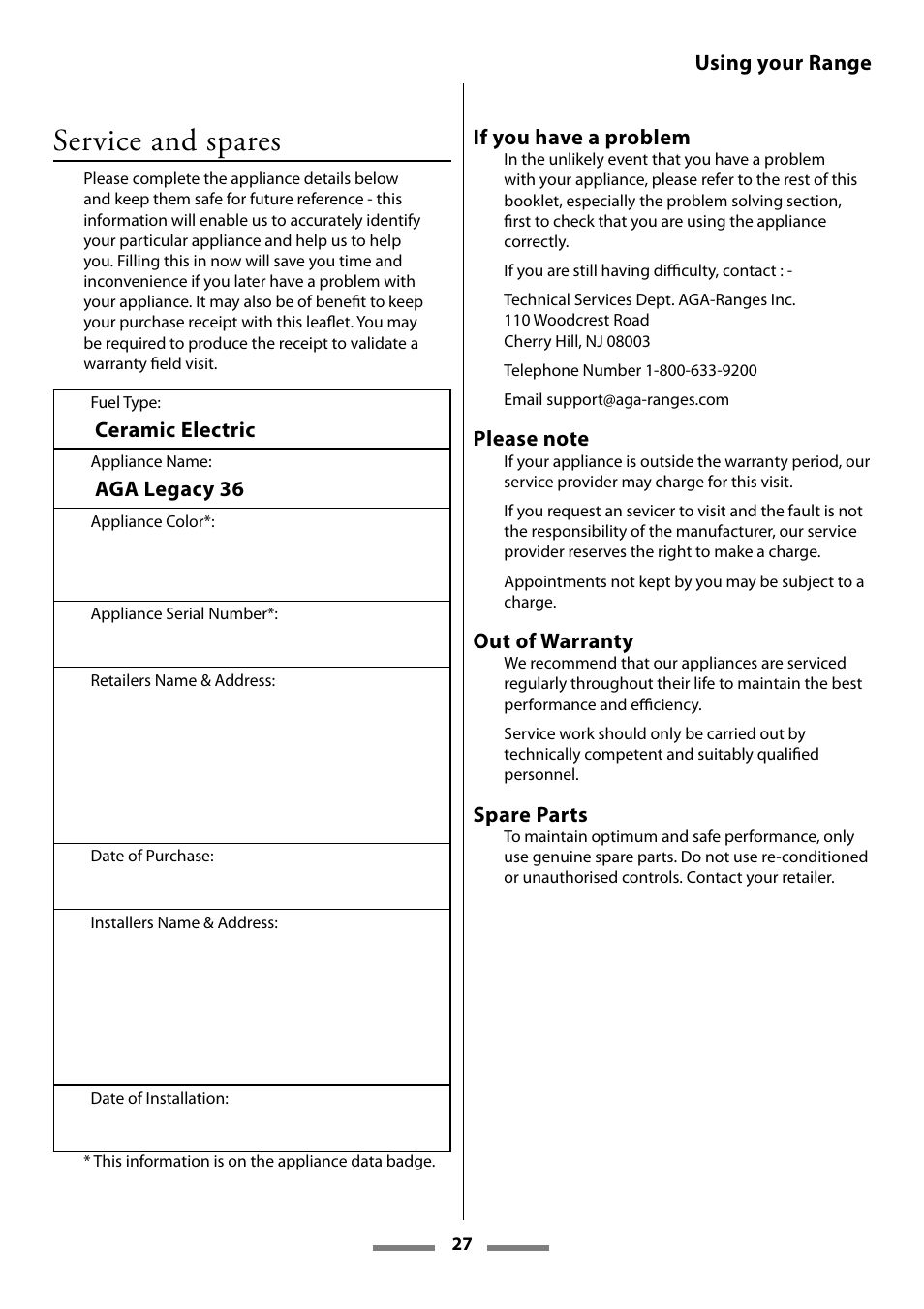 Service and spares | Aga Ranges U107501-01 User Manual | Page 27 / 48