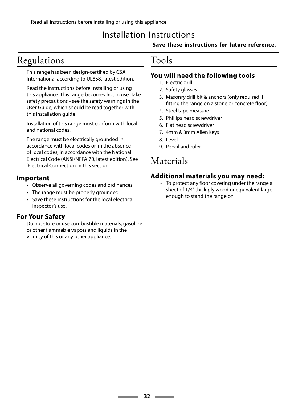 Regulations, Tools, Materials | Installation instructions | Aga Ranges U107501-01 User Manual | Page 32 / 48