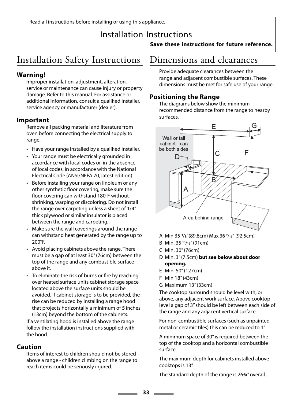 Installation safety instructions, Dimensions and clearances, Installation instructions | Aga Ranges U107501-01 User Manual | Page 33 / 48