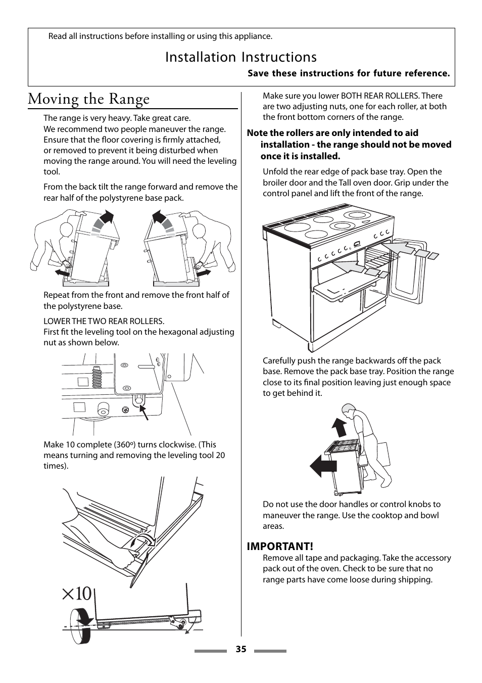 Moving the range, Installation instructions, Important | Aga Ranges U107501-01 User Manual | Page 35 / 48