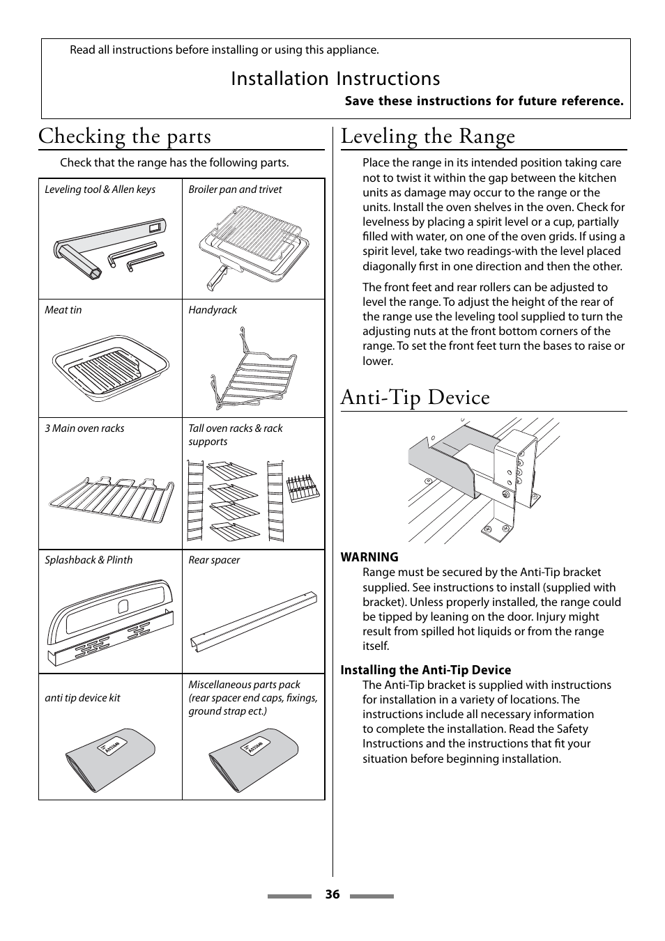 Checking the parts, Leveling the range, Anti-tip device | Installation instructions | Aga Ranges U107501-01 User Manual | Page 36 / 48