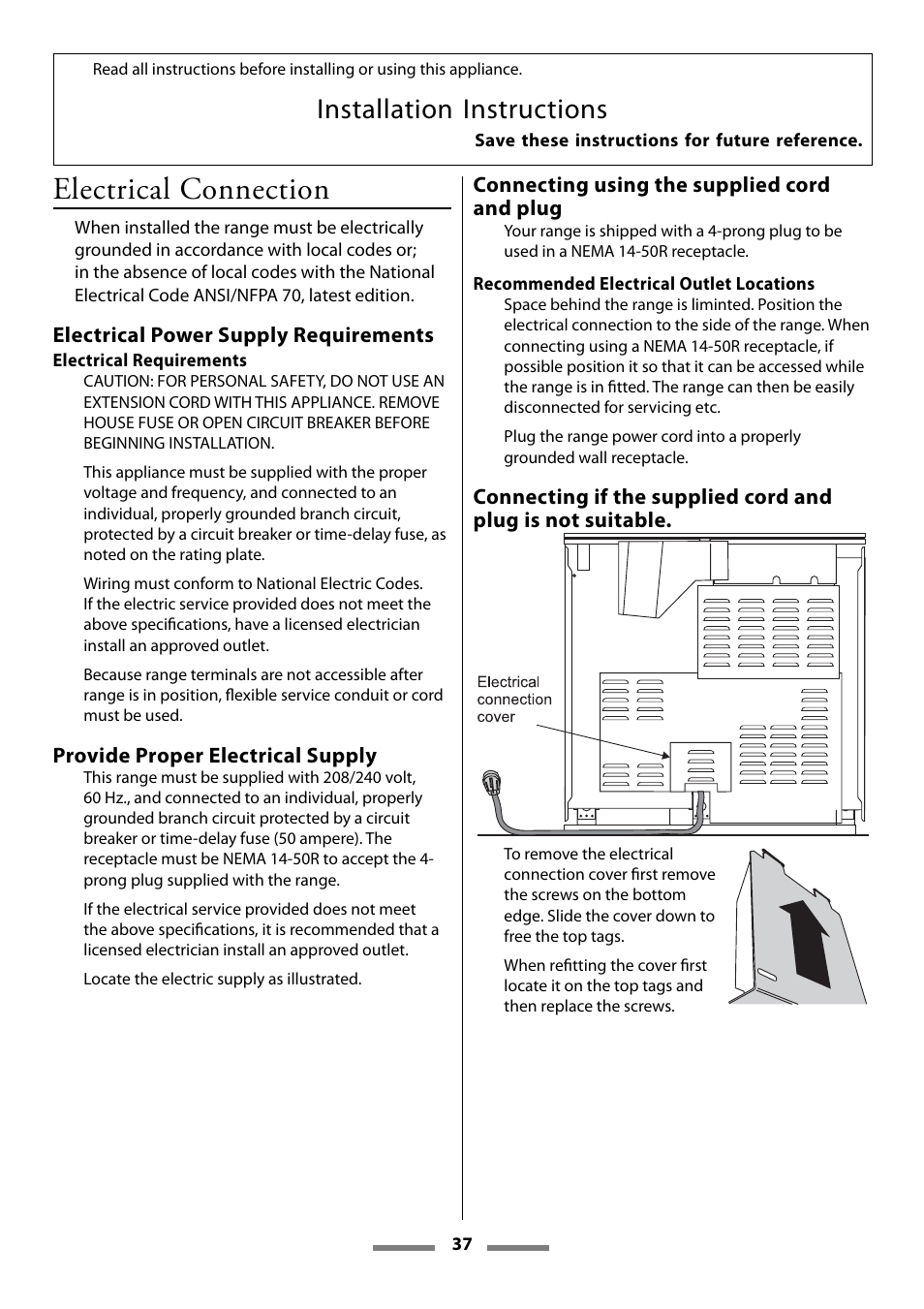 Electrical connection, Installation instructions | Aga Ranges U107501-01 User Manual | Page 37 / 48