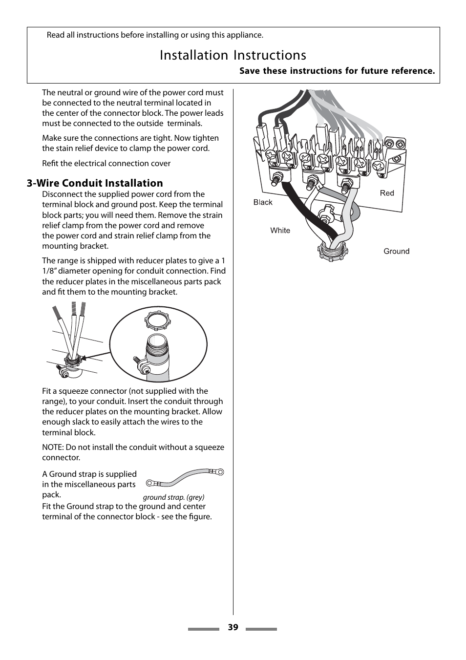 Installation instructions, Wire conduit installation | Aga Ranges U107501-01 User Manual | Page 39 / 48