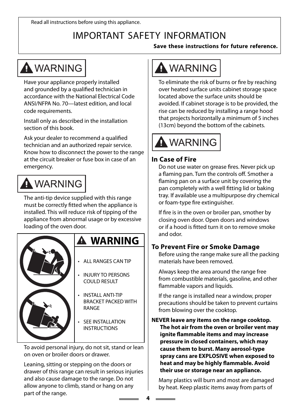 Warning, Important safety information | Aga Ranges U107501-01 User Manual | Page 4 / 48
