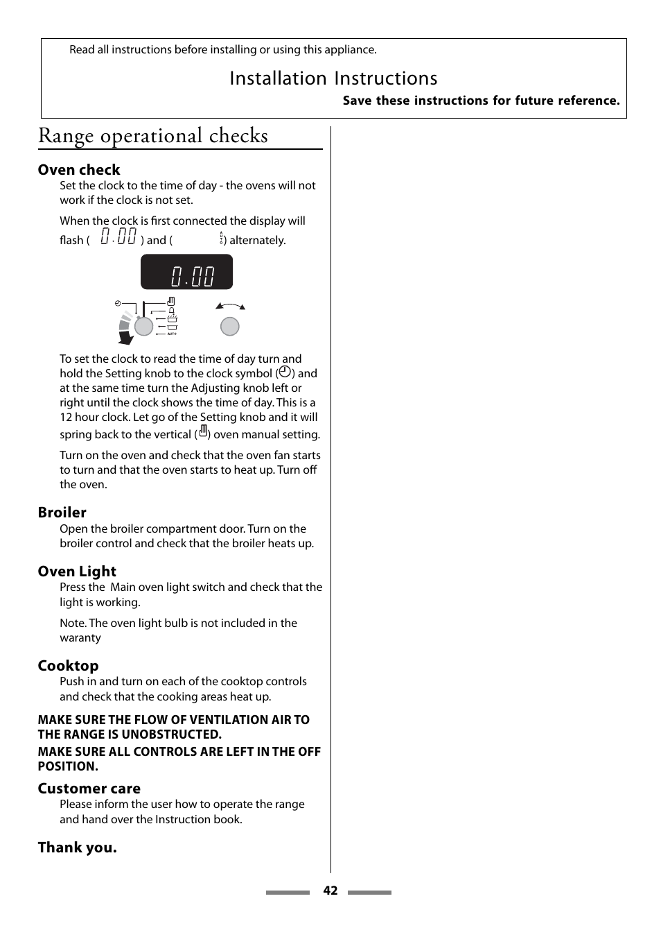 Range operational checks, Installation instructions | Aga Ranges U107501-01 User Manual | Page 42 / 48