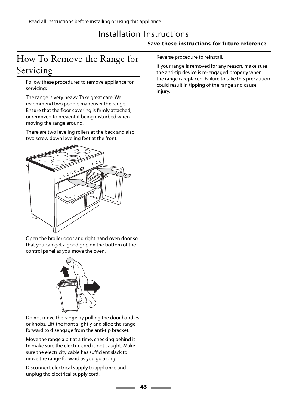 How to remove the range for servicing, Installation instructions | Aga Ranges U107501-01 User Manual | Page 43 / 48