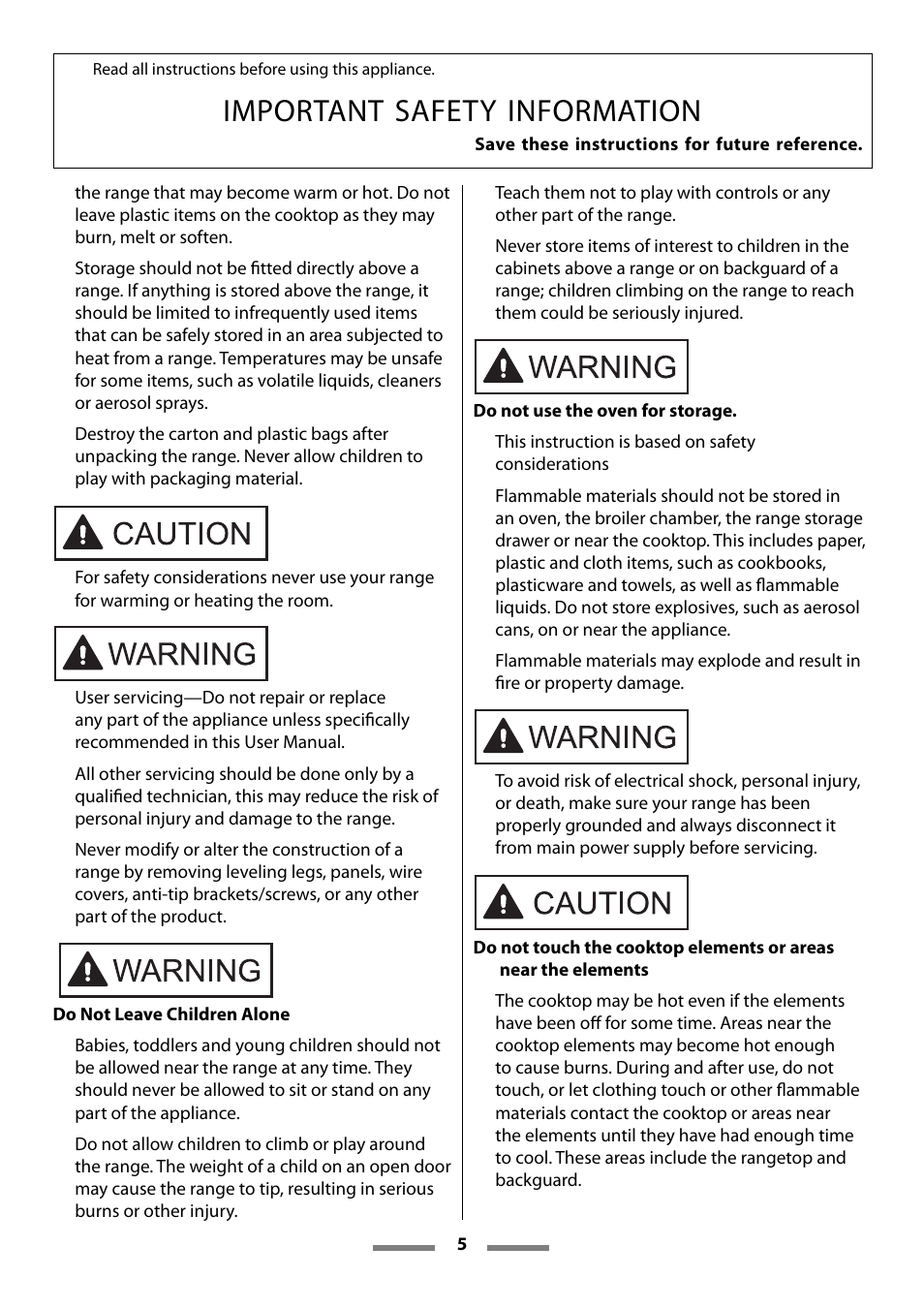 Important safety information | Aga Ranges U107501-01 User Manual | Page 5 / 48