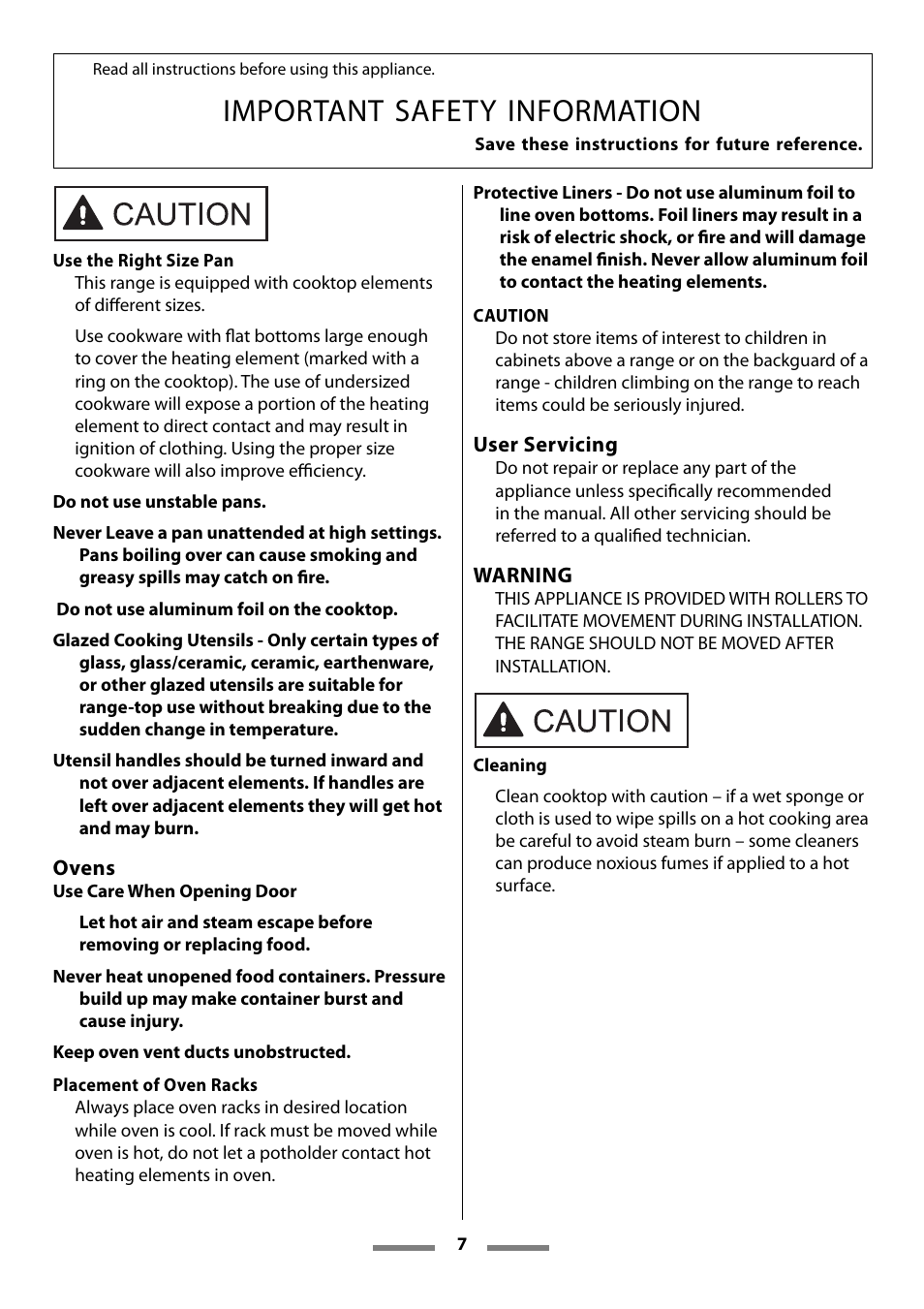 Important safety information | Aga Ranges U107501-01 User Manual | Page 7 / 48